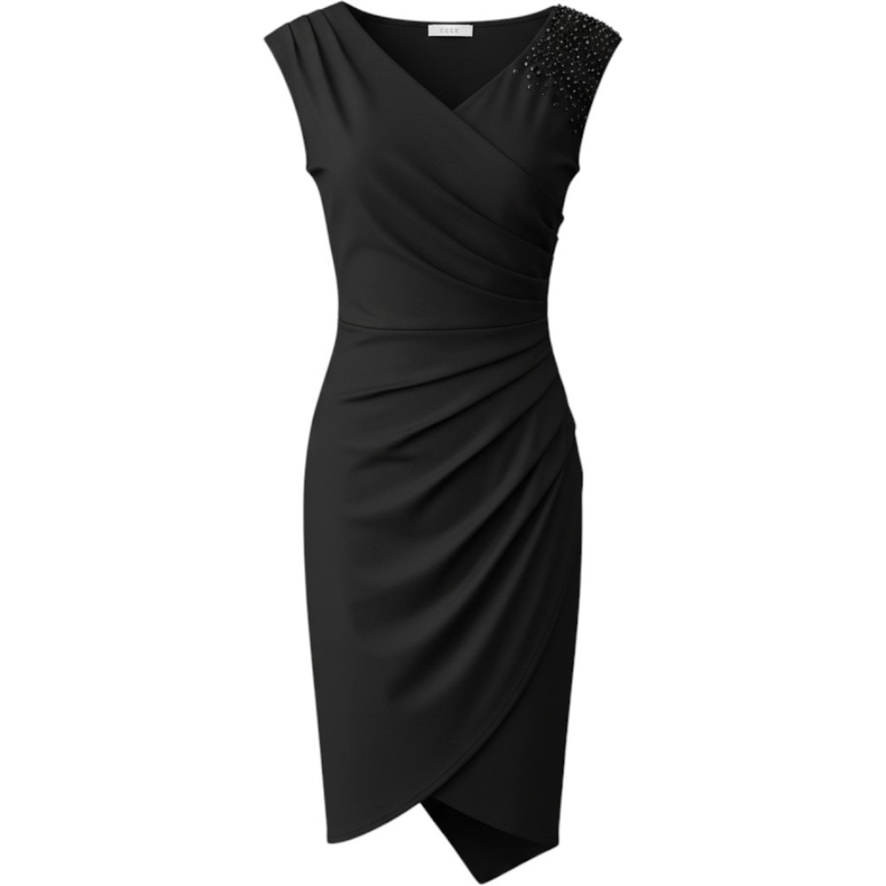 Vtg Cache Ruched Beaded Shoulder Sheath Dress Small Black - Stretchy